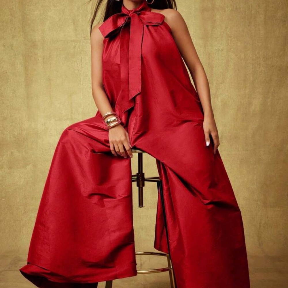 Vixey Solid Taffeta Bow Tie Halter Neck Extreme Wide Leg Jumpsuit size L - Picture 3 of 5